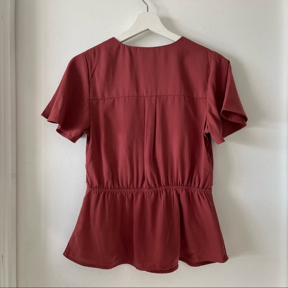 Ruffled Sleeve Deep V Wrap Style Top - Picture 2 of 4